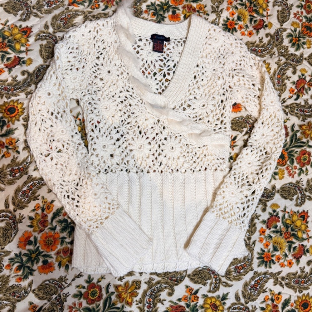 Vintage‎ Y2K style DStudio Women's Cream Crochet Floral Knit Sweater Size M